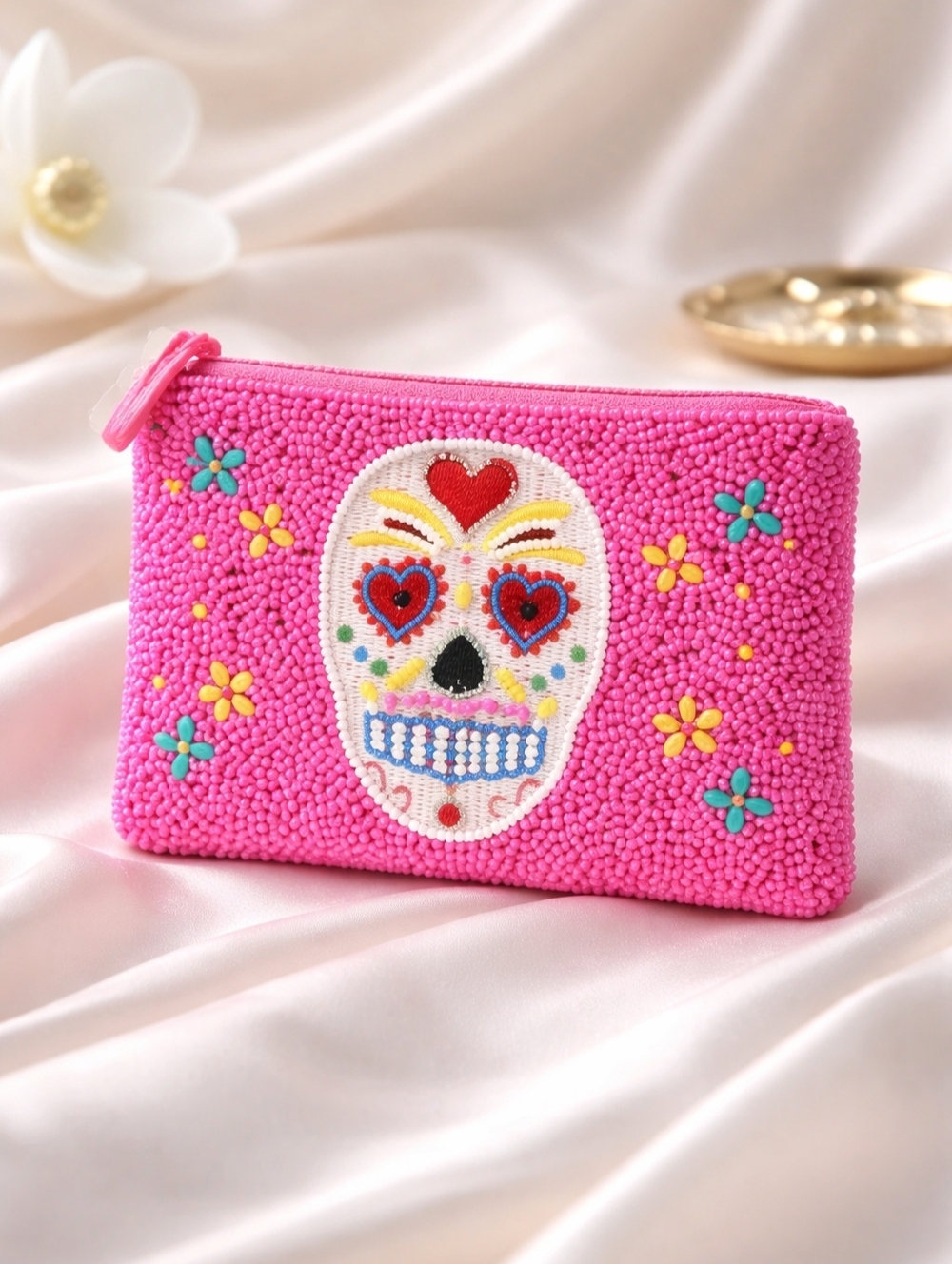Sugar Skull Pink Beaded Coin Purse / Pouch New